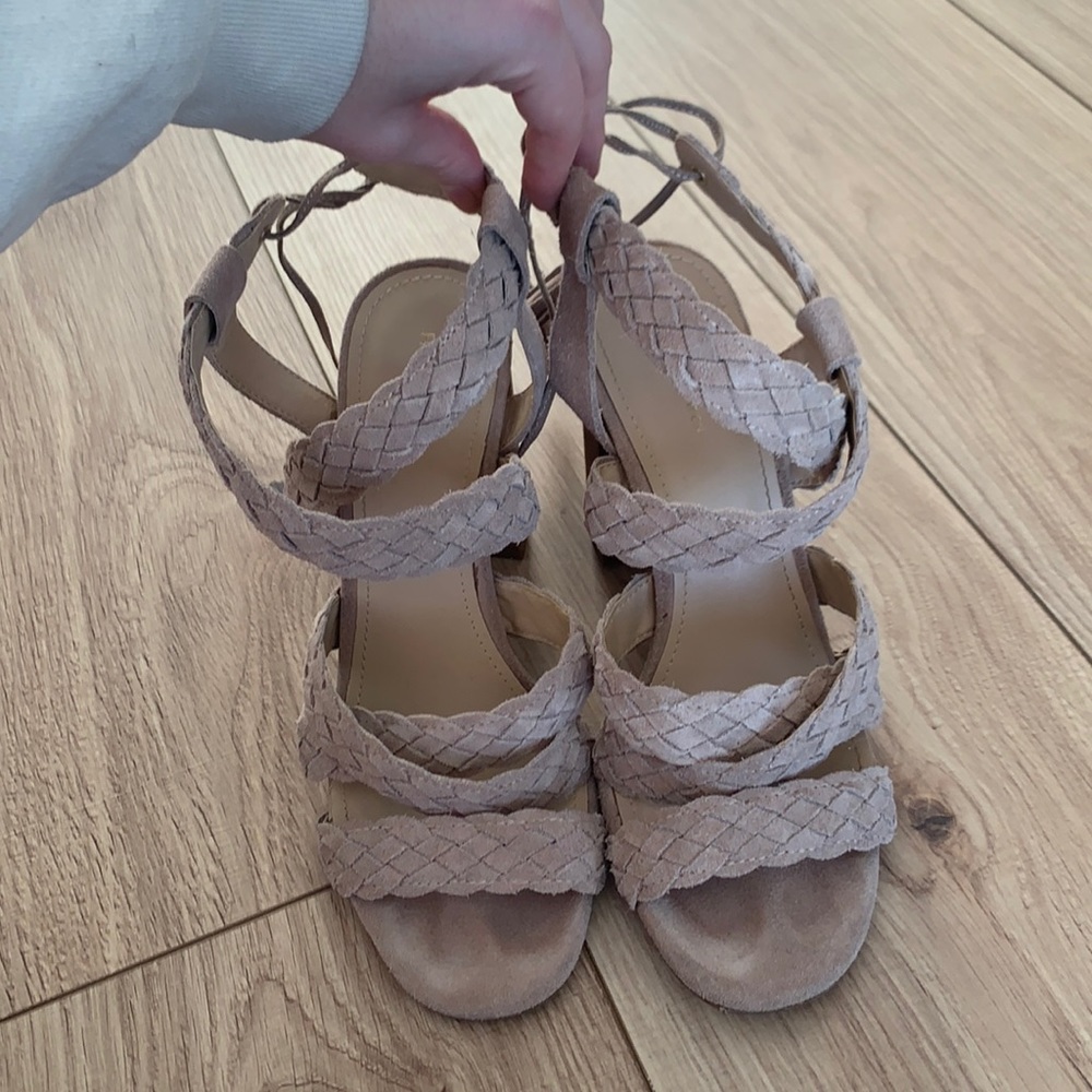 BCBGeneration BCBG Taupe Braided Strappy High Heels with Tassle Ties - “Ledina”